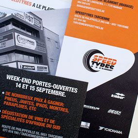 Born in 2010, SPEEDTYRES is a young chain of sales and tyre mounting stations. There're currently three stations in Wallonia, and many others should open in the coming years.From 2010 to now, tix02 has developed their branding, especially through various layouts for the print.